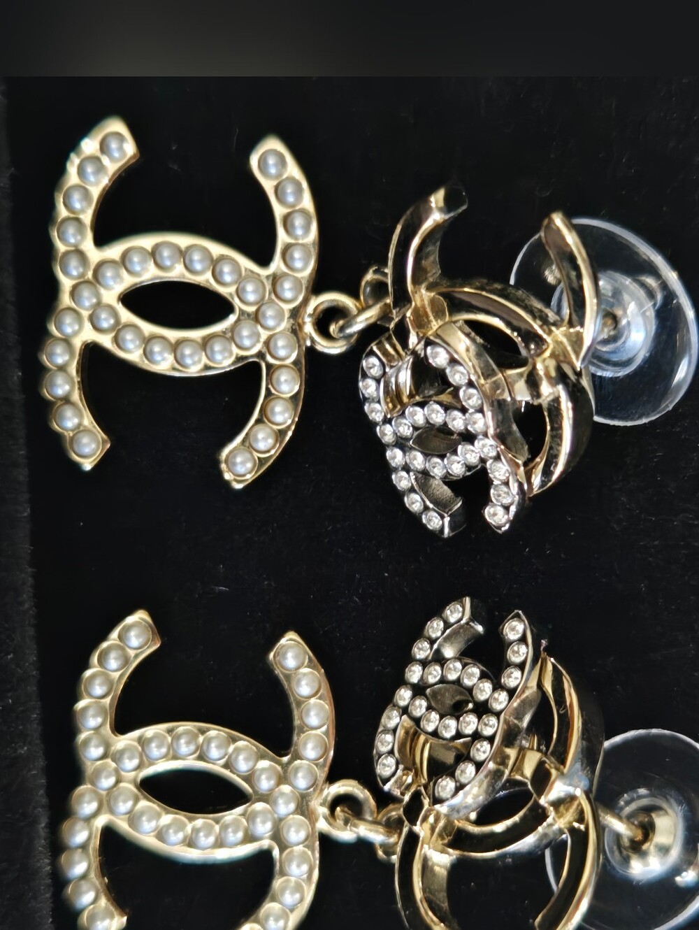 #148 - Chanel Triple CC Crystal/Pearl Earrings Light Gold/Silver 21B- AUTHENTIC - Picture 9 of 16
